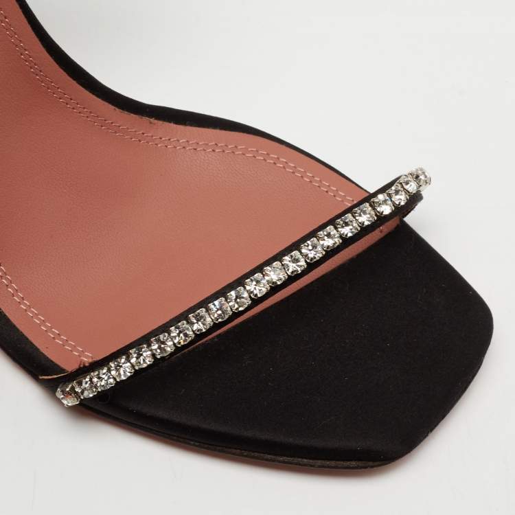 مملوكة مسبقًا Amina Muaddi Black Crystal Embellished Satin and Feather Adwoa Slingback Sandals Size 37.5