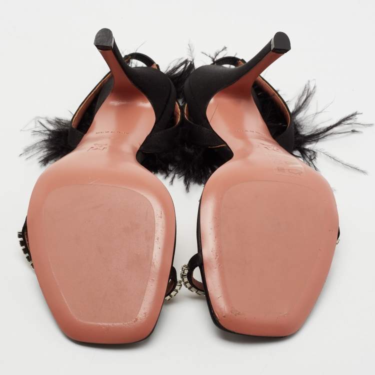 مملوكة مسبقًا Amina Muaddi Black Crystal Embellished Satin and Feather Adwoa Slingback Sandals Size 37.5