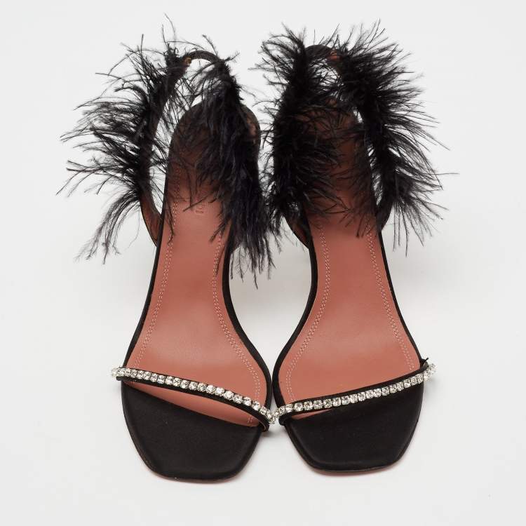 مملوكة مسبقًا Amina Muaddi Black Crystal Embellished Satin and Feather Adwoa Slingback Sandals Size 37.5