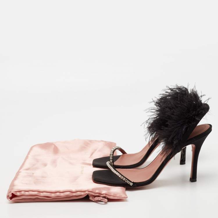 مملوكة مسبقًا Amina Muaddi Black Crystal Embellished Satin and Feather Adwoa Slingback Sandals Size 37.5