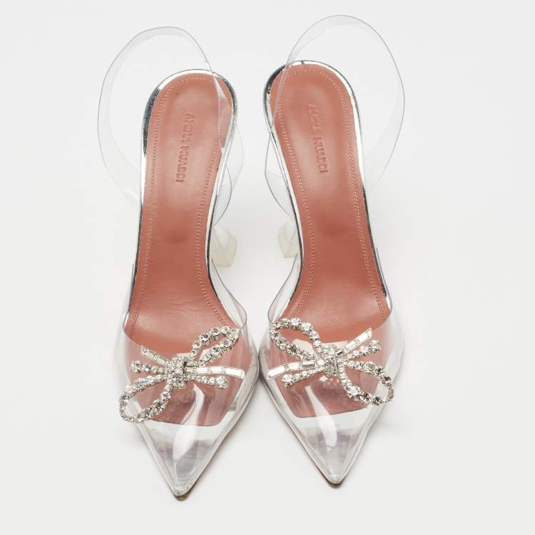 Pre Owned Amina Muaddi Silver PVC Rosie Slingback Pumps Size 40 