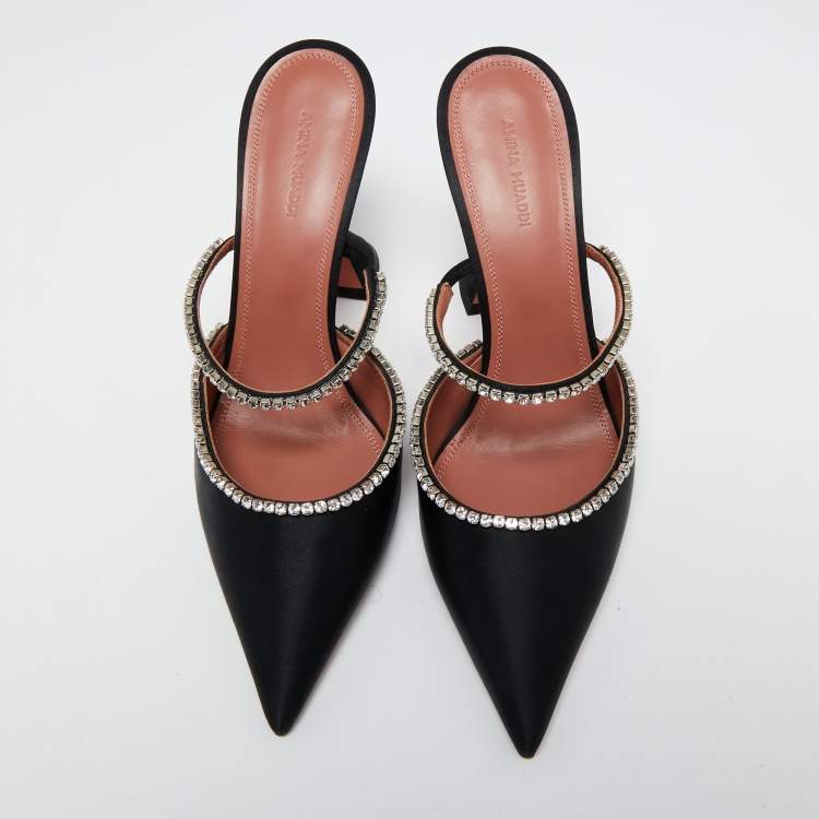 Pre Owned Amina Muaddi Black Satin Gilda Mules Size 41