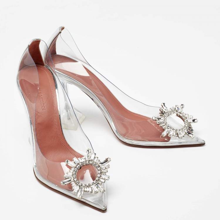 Pre Owned Amina Muaddi Silver/Transperent PVC and Leather Begum  Pumps Size 37