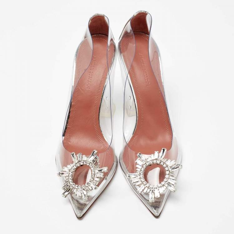 Pre Owned Amina Muaddi Silver/Transperent PVC and Leather Begum  Pumps Size 37