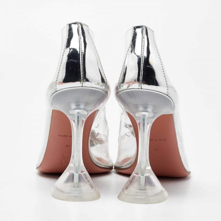 Pre Owned Amina Muaddi Silver/Transperent PVC and Leather Begum  Pumps Size 37