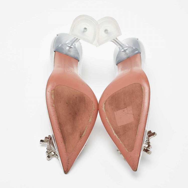 Pre Owned Amina Muaddi Silver/Transperent PVC and Leather Begum  Pumps Size 37
