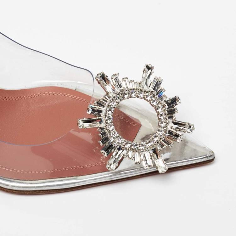 Pre Owned Amina Muaddi Silver/Transperent PVC and Leather Begum  Pumps Size 37