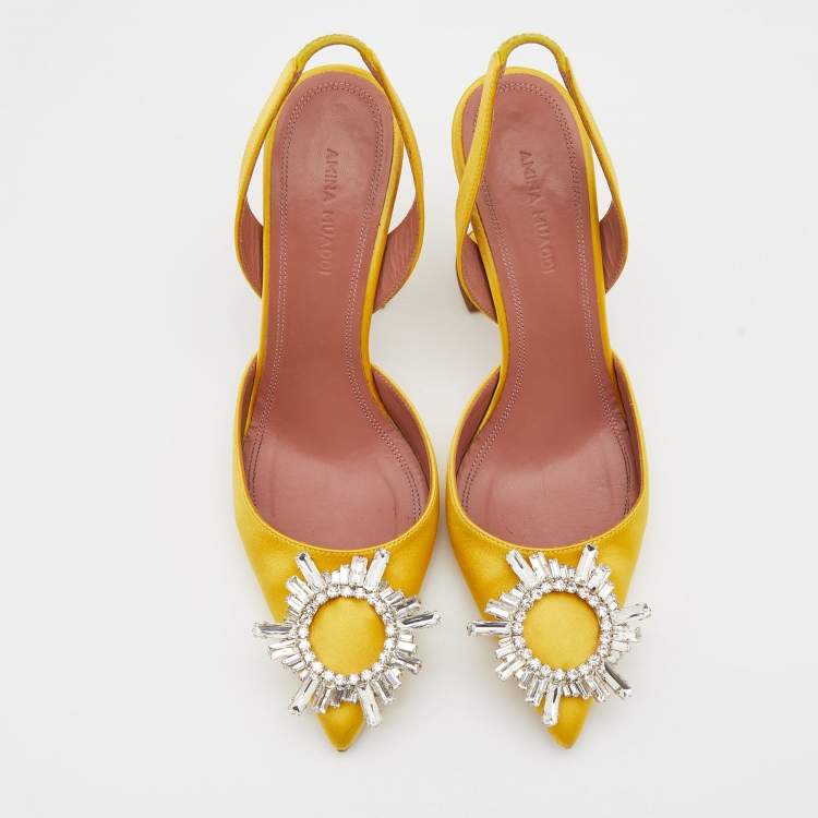 Pre Owned Amina Muaddi Yellow Satin Begum Crystal Embellished Slingback Pumps Size 36