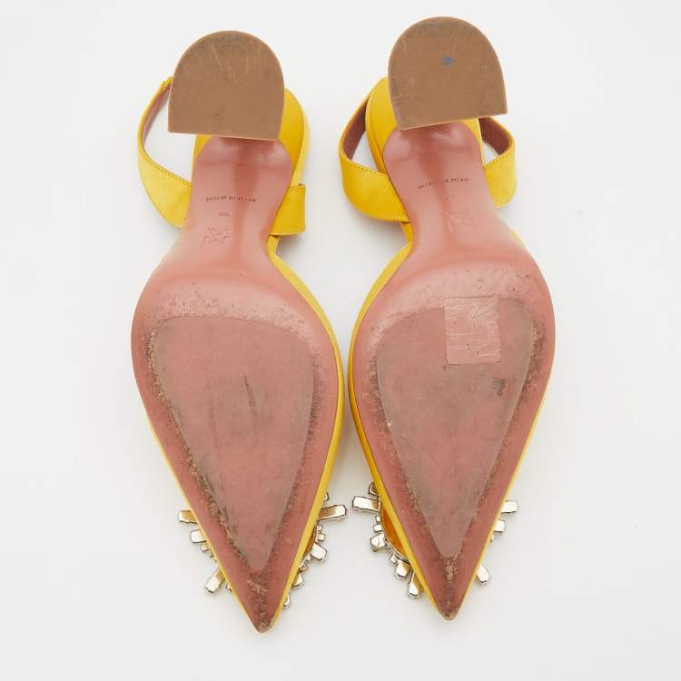 Pre Owned Amina Muaddi Yellow Satin Begum Crystal Embellished Slingback Pumps Size 36
