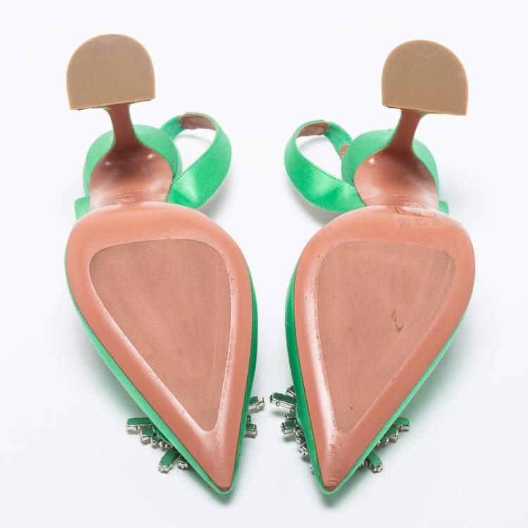 Pre Owned Amina Muaddi Green Satin Begum Slingback Pumps Size 39.5