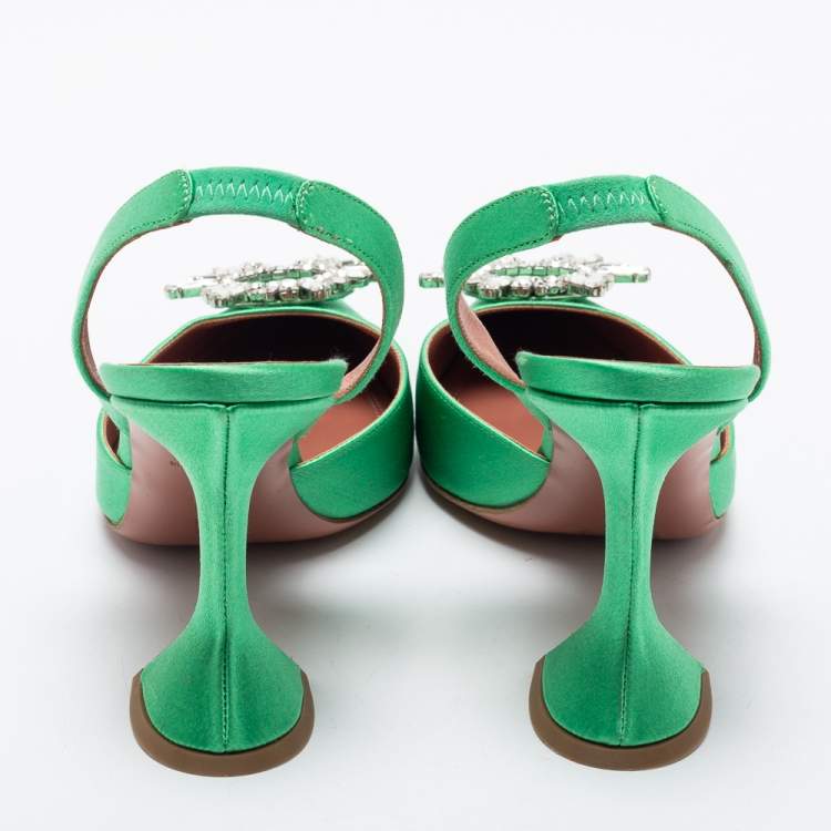 Pre Owned Amina Muaddi Green Satin Begum Slingback Pumps Size 39.5
