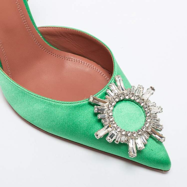 Pre Owned Amina Muaddi Green Satin Begum Slingback Pumps Size 39.5
