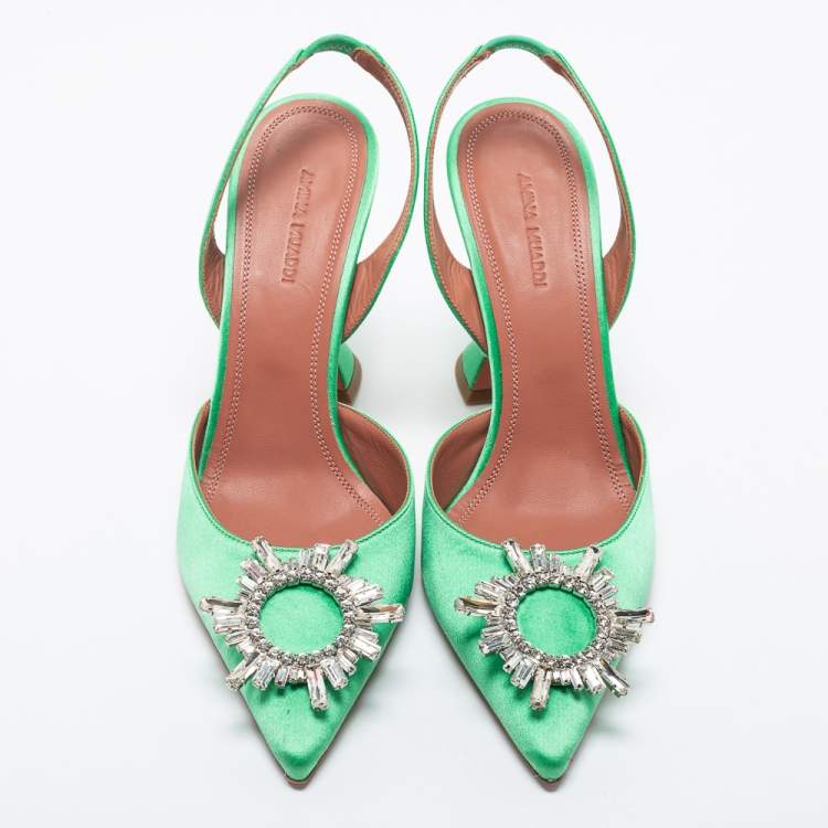 Pre Owned Amina Muaddi Green Satin Begum Slingback Pumps Size 39.5