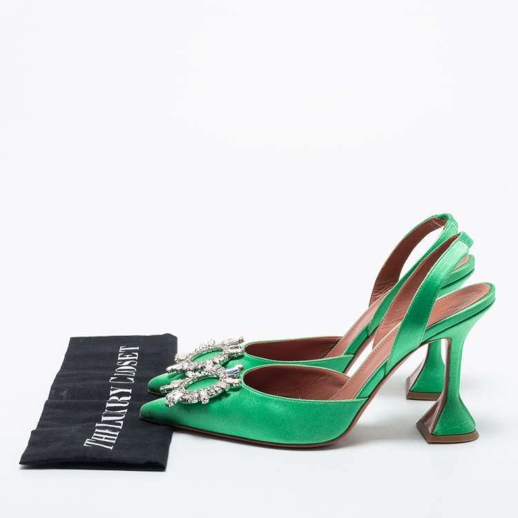 Pre Owned Amina Muaddi Green Satin Begum Slingback Pumps Size 39.5