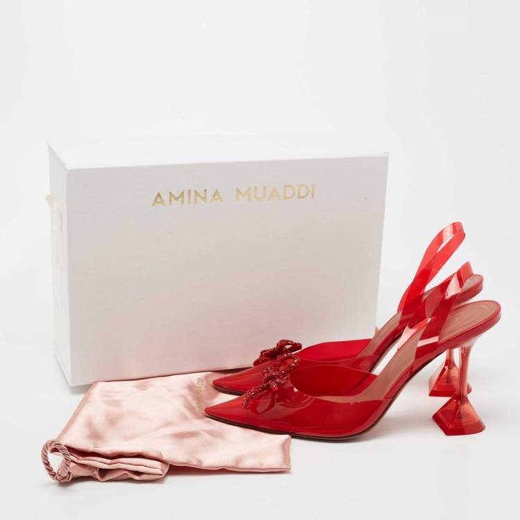 Pre Owned Amina Muaddi Red PVC Rosie Crystal Embellished Slingback Sandals Size 39