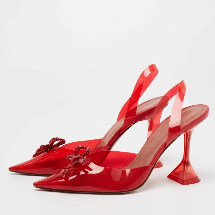 Pre Owned Amina Muaddi Red PVC Rosie Crystal Embellished Slingback Sandals Size 39