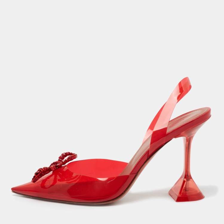 Pre Owned Amina Muaddi Red PVC Rosie Crystal Embellished Slingback Sandals Size 39