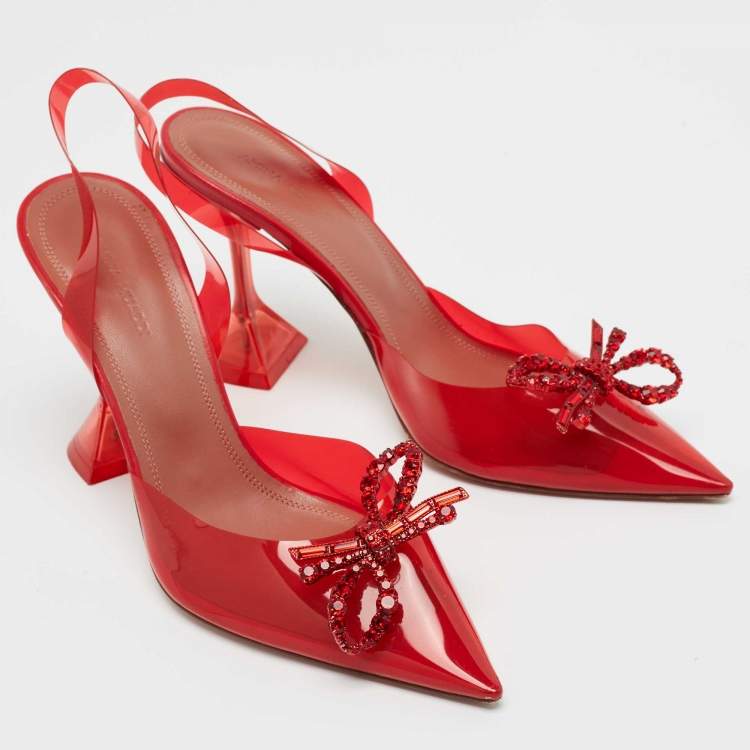 Pre Owned Amina Muaddi Red PVC Rosie Crystal Embellished Slingback Sandals Size 39