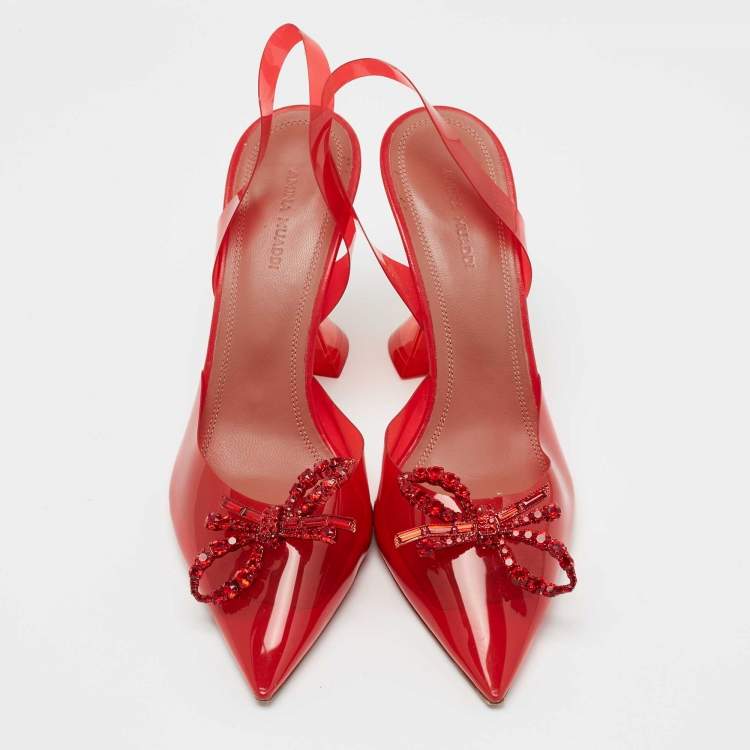 Pre Owned Amina Muaddi Red PVC Rosie Crystal Embellished Slingback Sandals Size 39