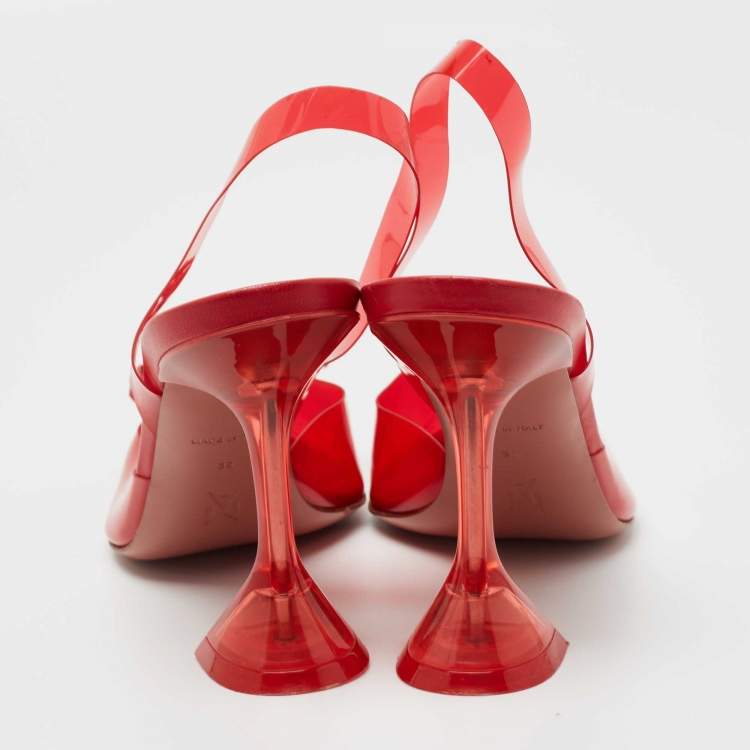 Pre Owned Amina Muaddi Red PVC Rosie Crystal Embellished Slingback Sandals Size 39