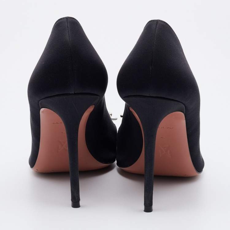 Pre Owned Amina Muaddi Black Satin Crystal Embellished Rosie Pumps Size 40