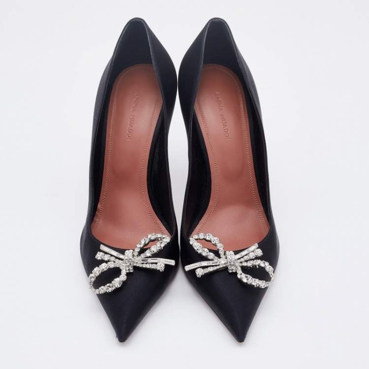 Pre Owned Amina Muaddi Black Satin Crystal Embellished Rosie Pumps Size 40