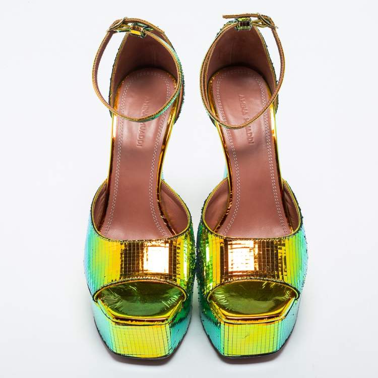 Pre Owned Amina Muaddi Multicolor Holographic Flared Heel Ankle Strap Sandals Size 38