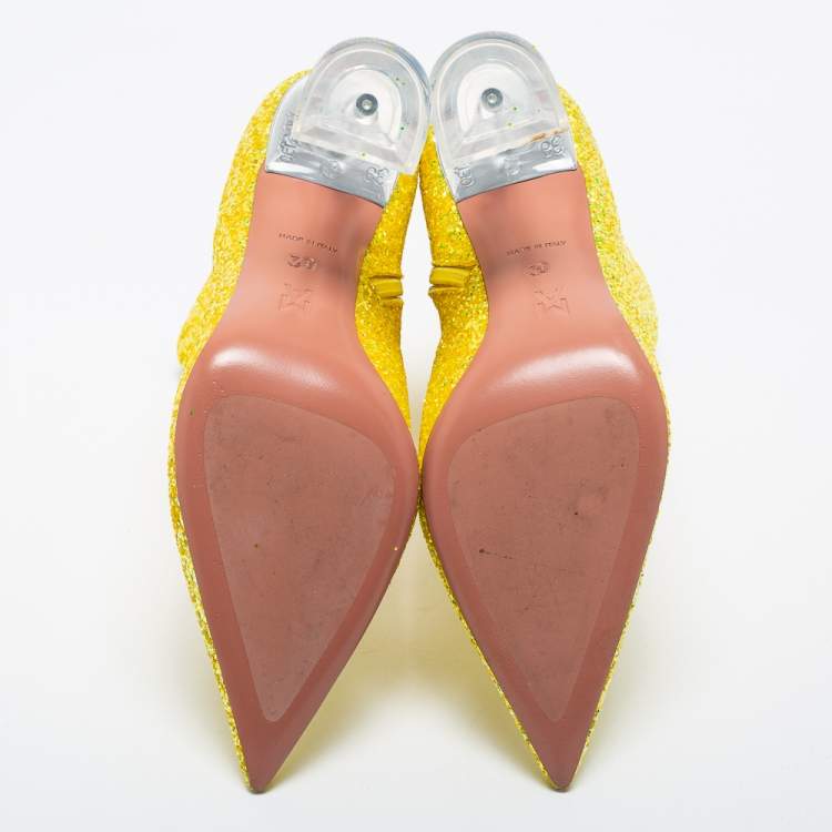 Pre Owned Amina Muaddi Yellow Glitter Giorgia Ankle Boots Size 39