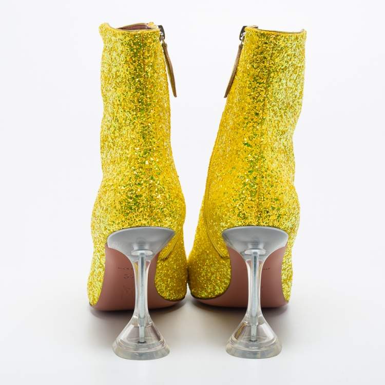 Pre Owned Amina Muaddi Yellow Glitter Giorgia Ankle Boots Size 39