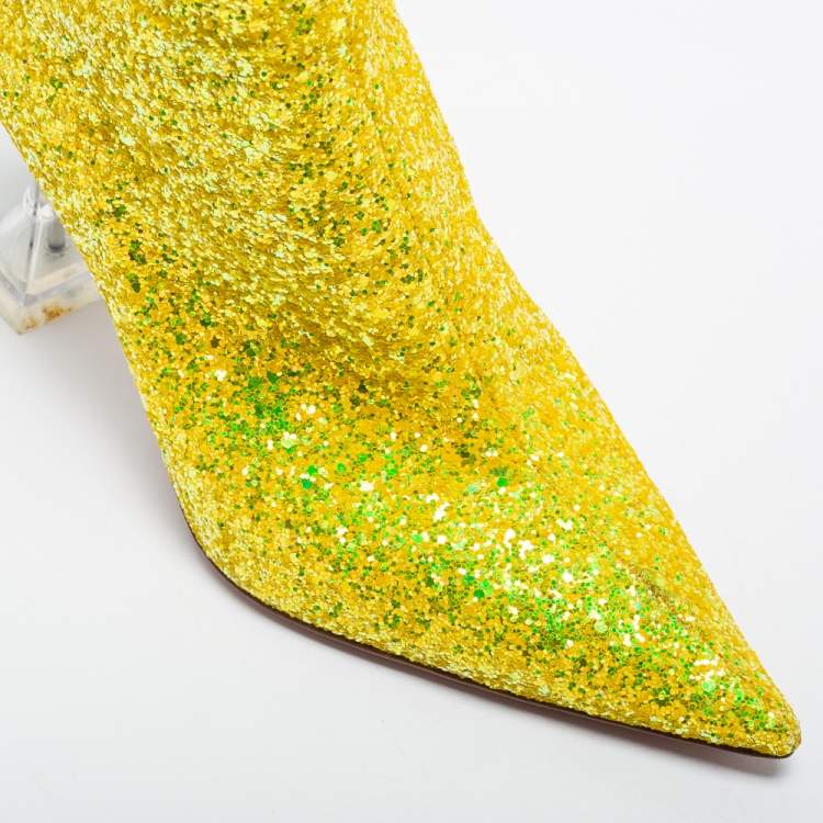 Pre Owned Amina Muaddi Yellow Glitter Giorgia Ankle Boots Size 39