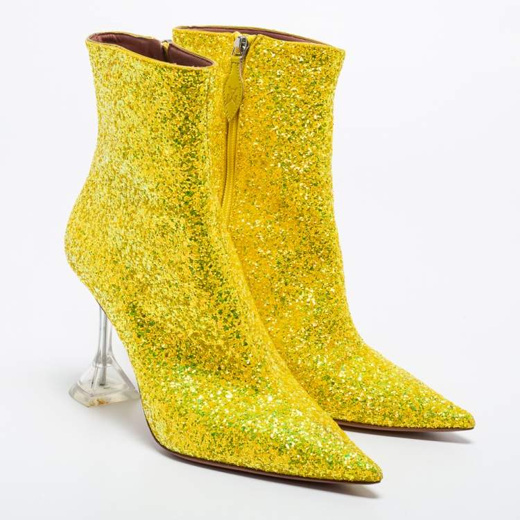 Pre Owned Amina Muaddi Yellow Glitter Giorgia Ankle Boots Size 39