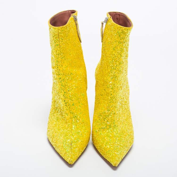 Pre Owned Amina Muaddi Yellow Glitter Giorgia Ankle Boots Size 39