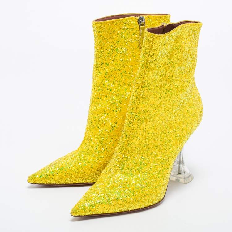 Pre Owned Amina Muaddi Yellow Glitter Giorgia Ankle Boots Size 39