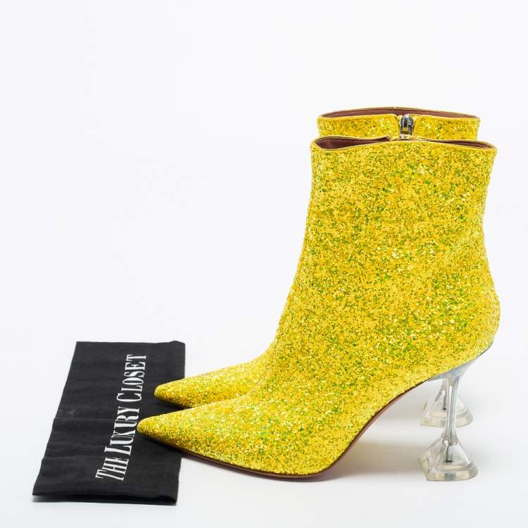 Pre Owned Amina Muaddi Yellow Glitter Giorgia Ankle Boots Size 39