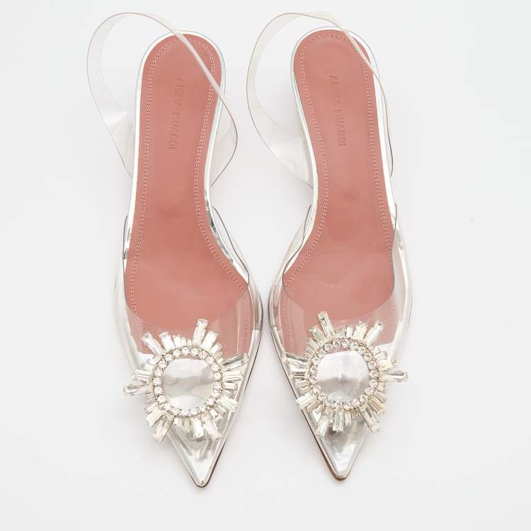 Pre Owned Amina Muaddi Transparent PVC Begum Crystal Embellished Slingback Pumps Size 37.5