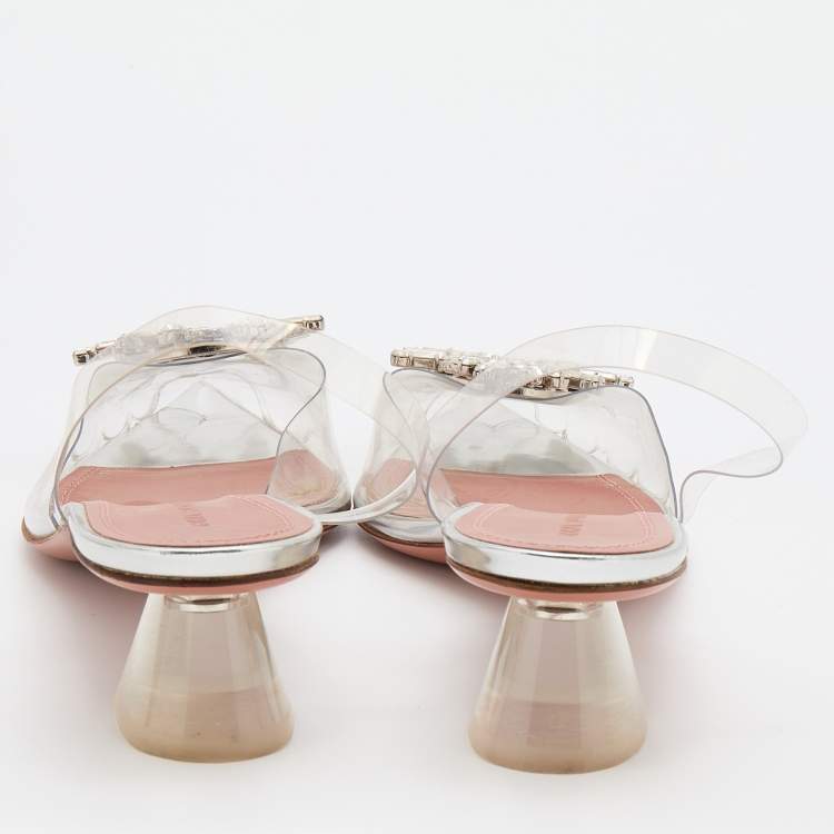 Pre Owned Amina Muaddi Transparent PVC Begum Crystal Embellished Slingback Pumps Size 37.5