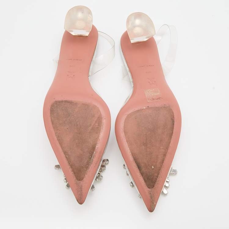 Pre Owned Amina Muaddi Transparent PVC Begum Crystal Embellished Slingback Pumps Size 37.5