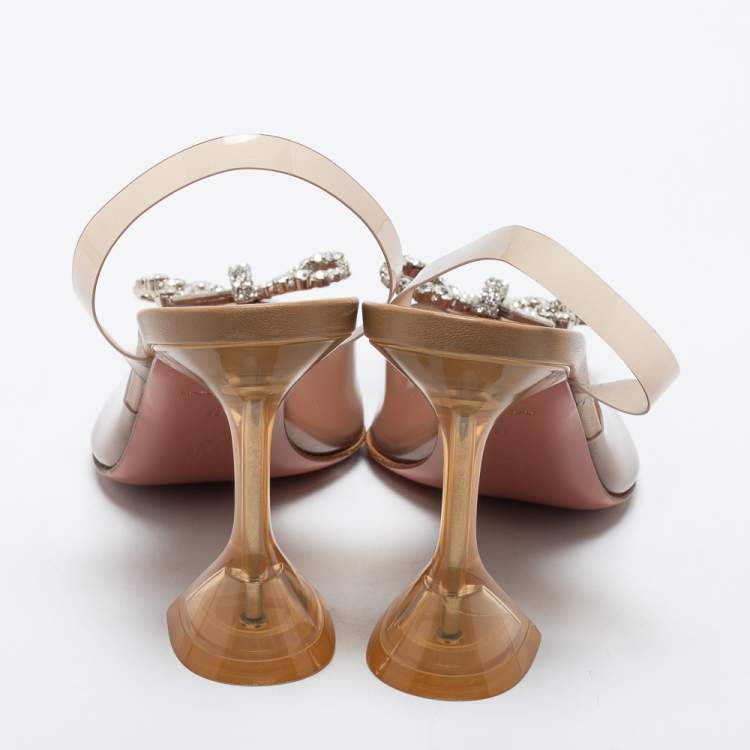 Pre Owned Amina Muaddi Brown PVC Rosie Crystal Embellished Slingback Pumps Size 38