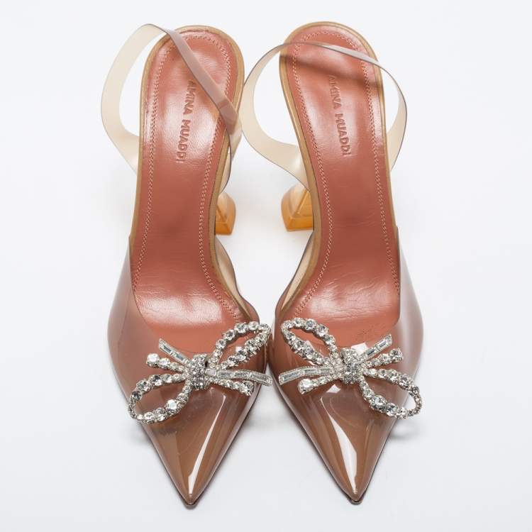 Pre Owned Amina Muaddi Brown PVC Rosie Crystal Embellished Slingback Pumps Size 38