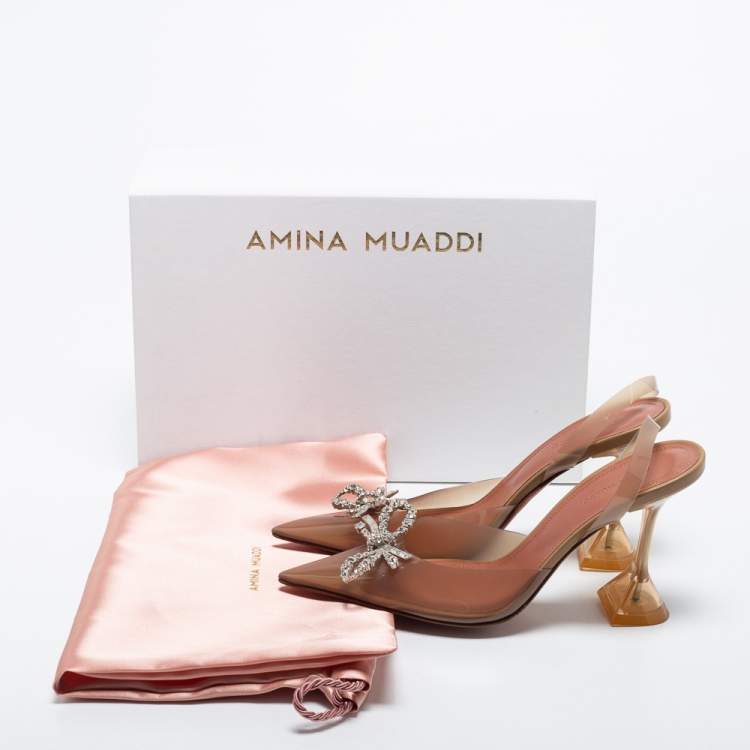 Pre Owned Amina Muaddi Brown PVC Rosie Crystal Embellished Slingback Pumps Size 38