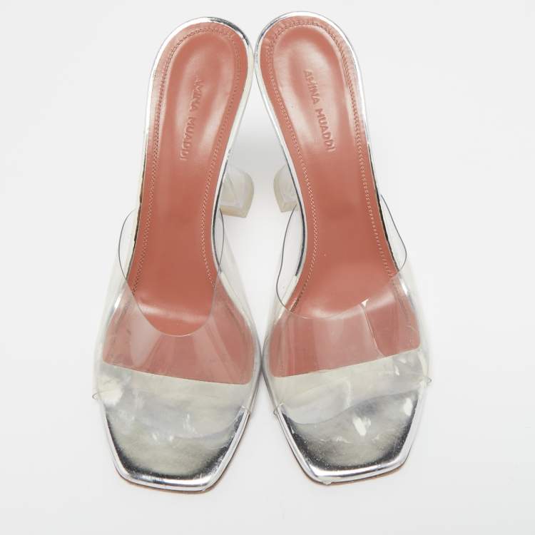 Pre Owned Amina Muaddi Transparent PVC  Lupita Mules Size 39