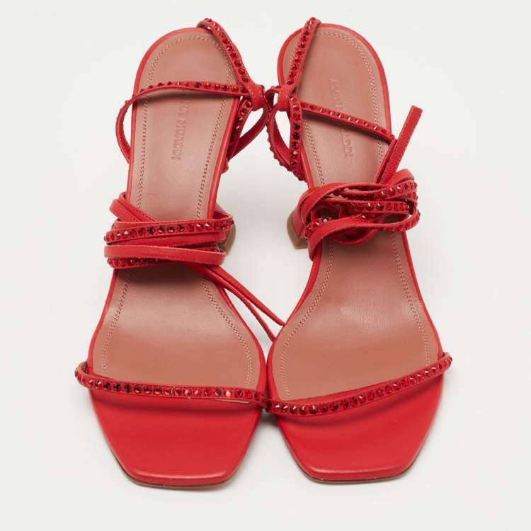 Pre Owned Amina Muaddi Red Leather Vita Crystals Ankle Wrap Sandals Size 41