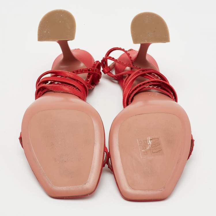 Pre Owned Amina Muaddi Red Leather Vita Crystals Ankle Wrap Sandals Size 41
