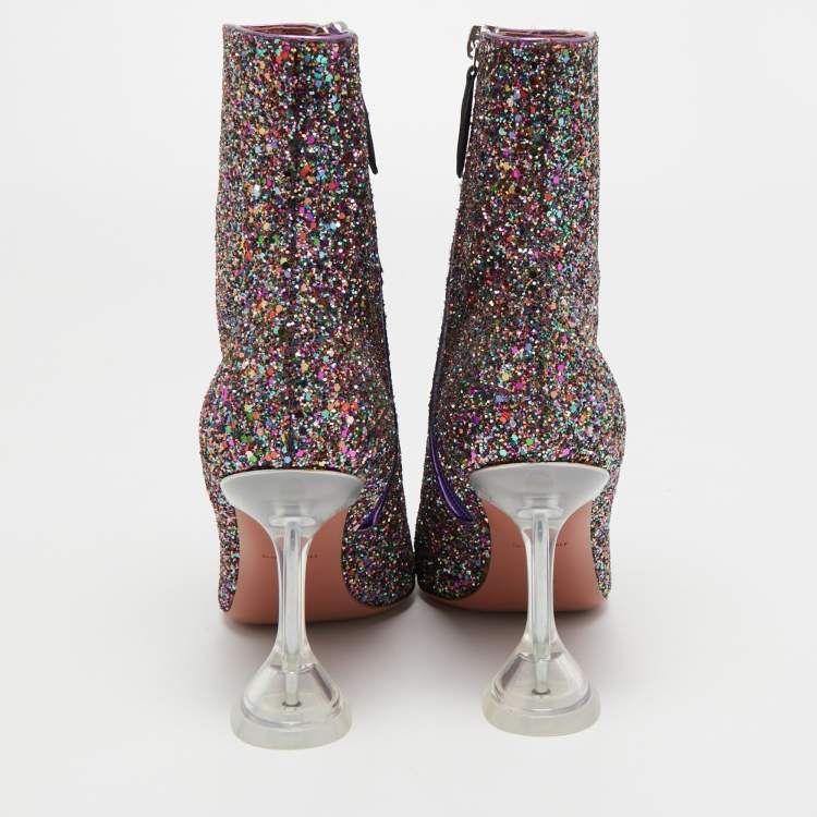 Pre Owned Amina Muaddi Multicolor Coarse Glitter Giorgia Ankle Boots Size 38