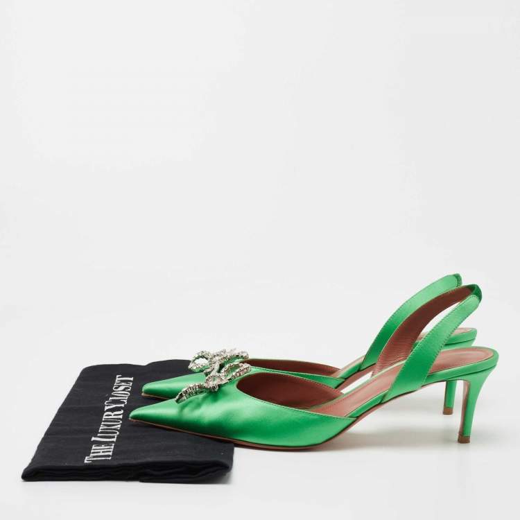 Pre Owned Amina Muaddi Green Satin Rosie Slingback Pumps Size 39.5