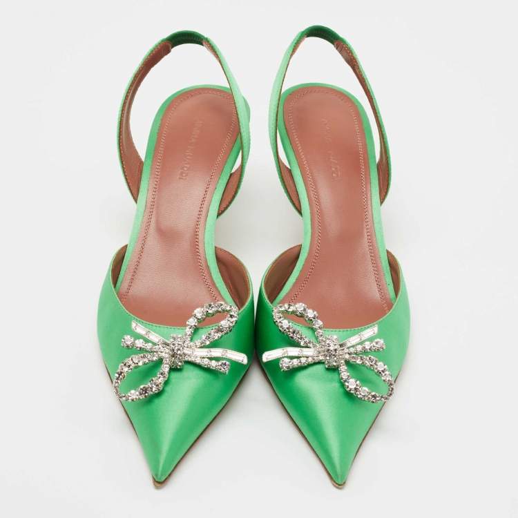 Pre Owned Amina Muaddi Green Satin Rosie Slingback Pumps Size 39.5