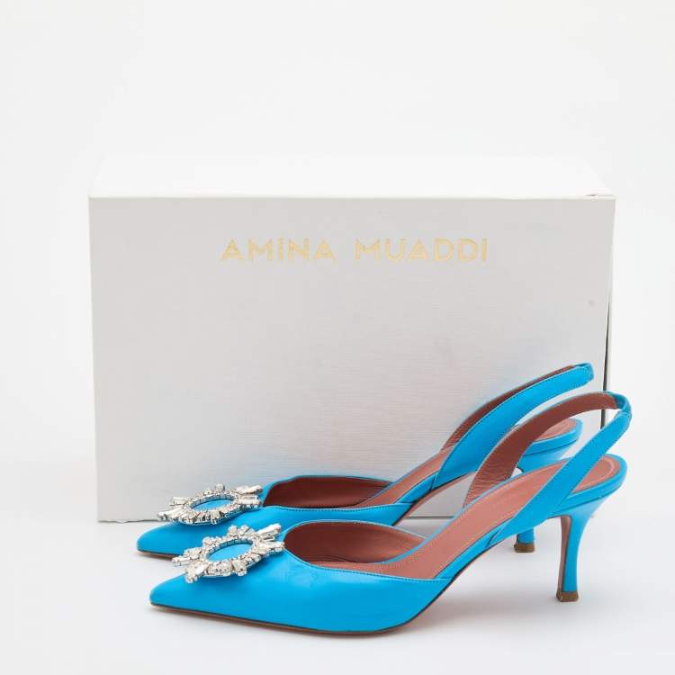 Pre Owned Amina Muaddi Blue Leather Begum Slingback Pumps Size 38.5 