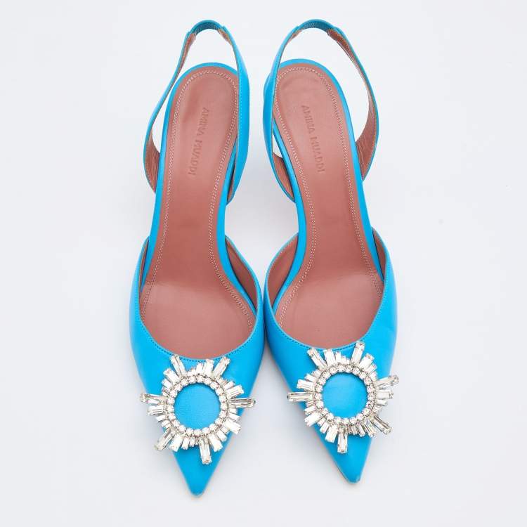 Pre Owned Amina Muaddi Blue Leather Begum Slingback Pumps Size 38.5 