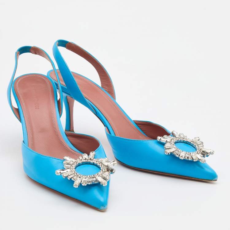 Pre Owned Amina Muaddi Blue Leather Begum Slingback Pumps Size 38.5 