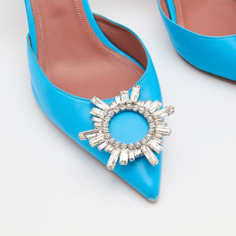 Pre Owned Amina Muaddi Blue Leather Begum Slingback Pumps Size 38.5 